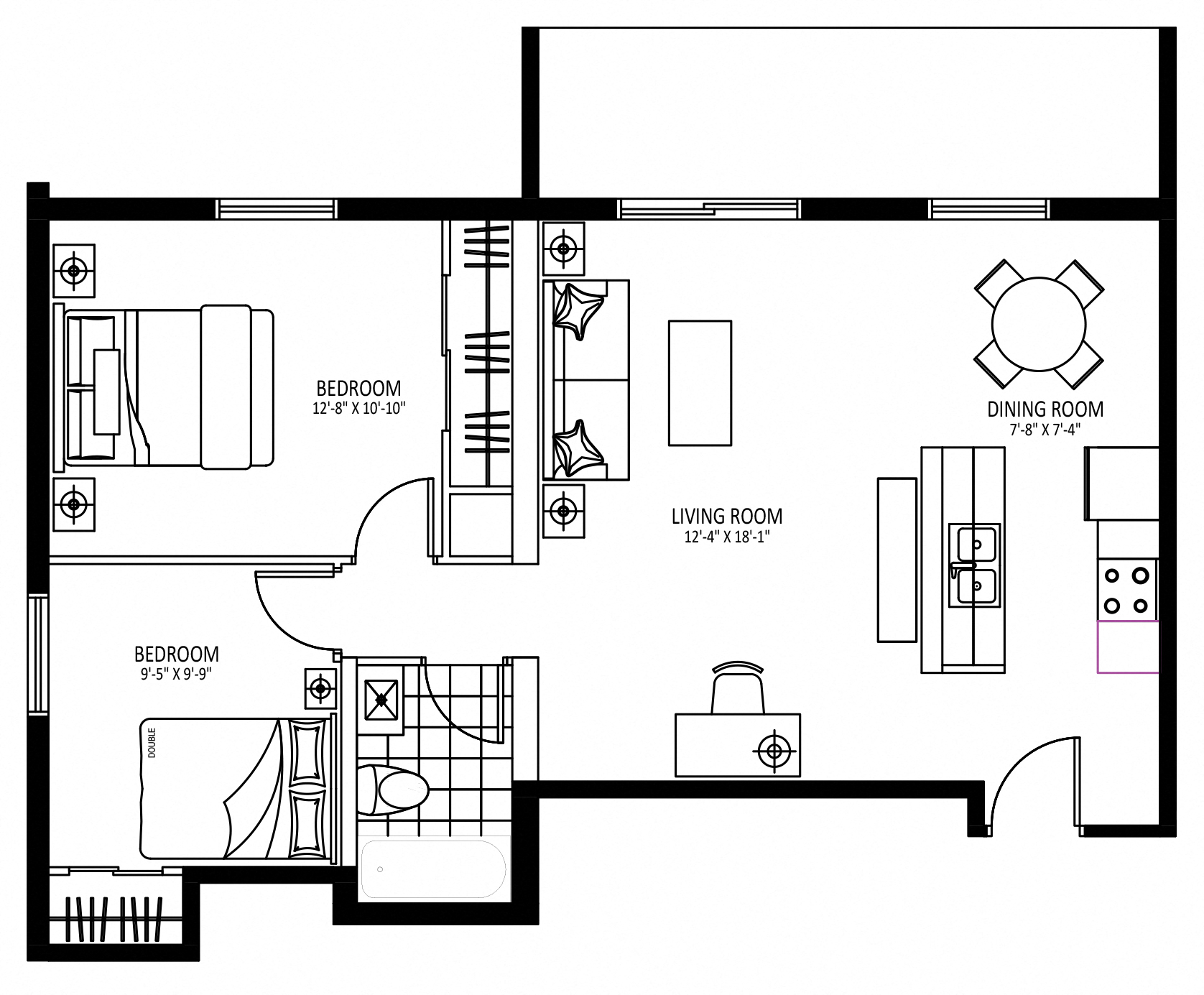 Floor plan for 2 beds, 1 bath, 815 sqft